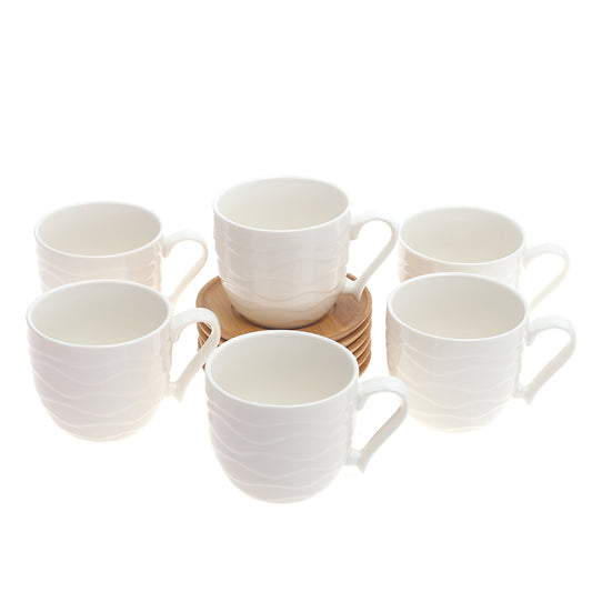 6Pcs Cups with Bamboo Saucers – Wave Design (4256)