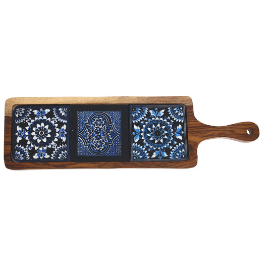 Long Wooden Serving Platter with Blue Ceramic Tiles – 17.5" x 5"
