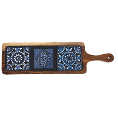 Long Wooden Serving Platter with Blue Ceramic Tiles – 17.5" x 5"