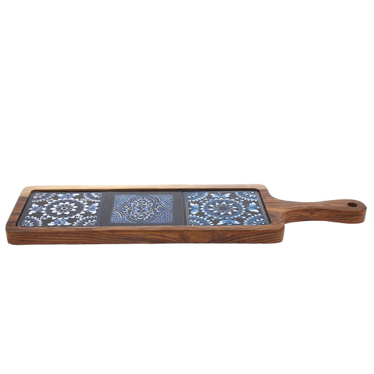 Long Wooden Serving Platter with Blue Ceramic Tiles – 17.5" x 5"