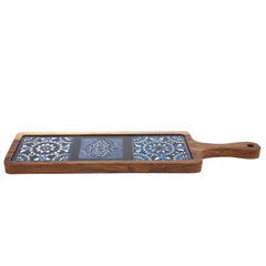Long Wooden Serving Platter with Blue Ceramic Tiles – 17.5" x 5"