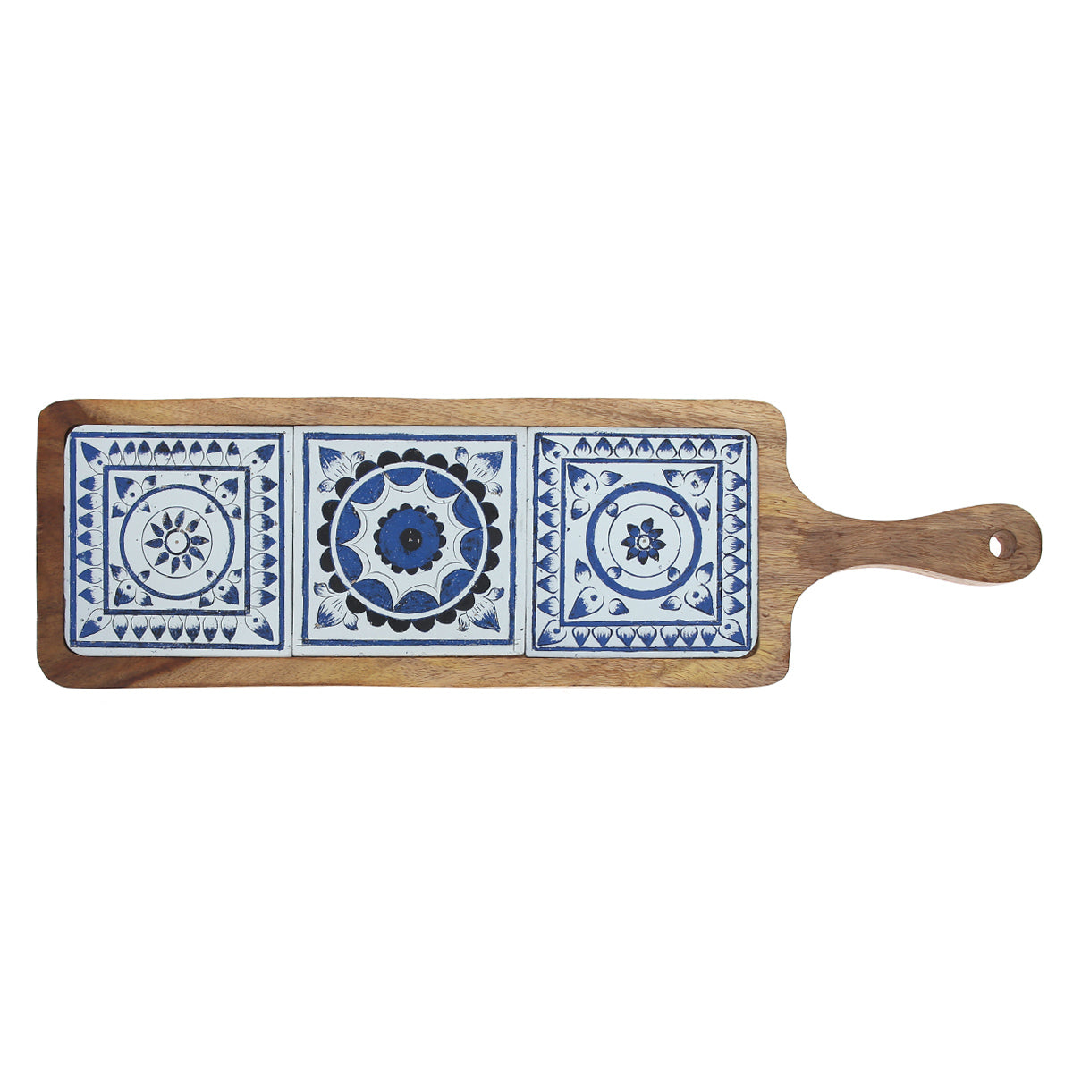 Long Wooden Serving Platter with Light Blue Ceramic Tiles – 17.5" x 5"