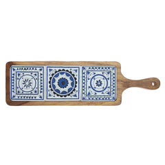 Long Wooden Serving Platter with Light Blue Ceramic Tiles – 17.5" x 5"