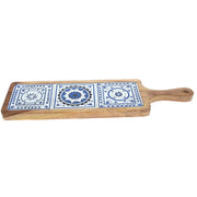 Long Wooden Serving Platter with Light Blue Ceramic Tiles – 17.5" x 5" - Habitt