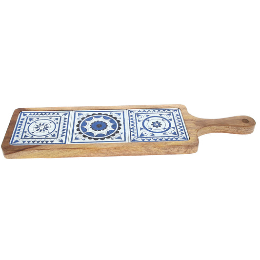 Long Wooden Serving Platter with Light Blue Ceramic Tiles – 17.5" x 5"
