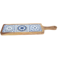 Long Wooden Serving Platter with Light Blue Ceramic Tiles – 17.5" x 5"