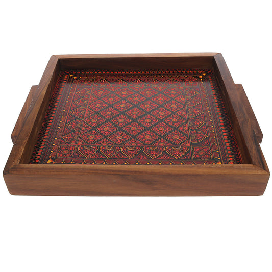 Square Wooden Serving Tray with Maroon Pattern – 14" x 14"