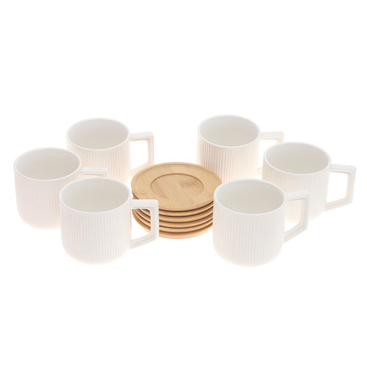 6Pcs Cups with Bamboo Saucers – Elegant Minimalist Set (4730)