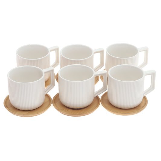 6Pcs Cups with Bamboo Saucers – Elegant Minimalist Set (4730)