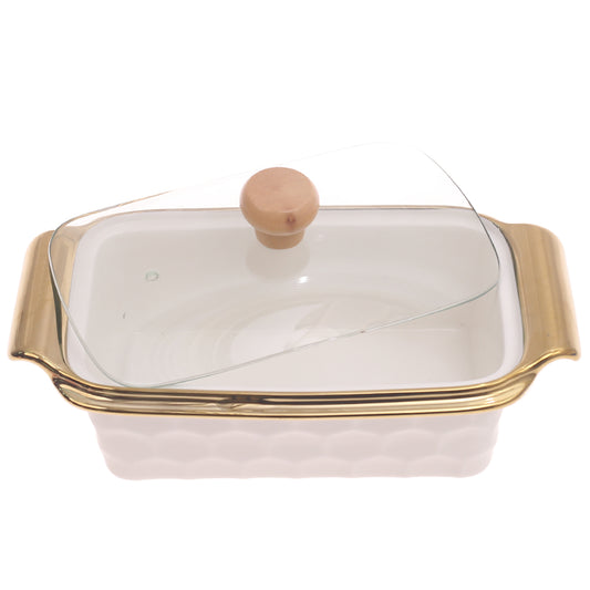 Serving Dish with Glass Lid – Gold Rim Design (4077)