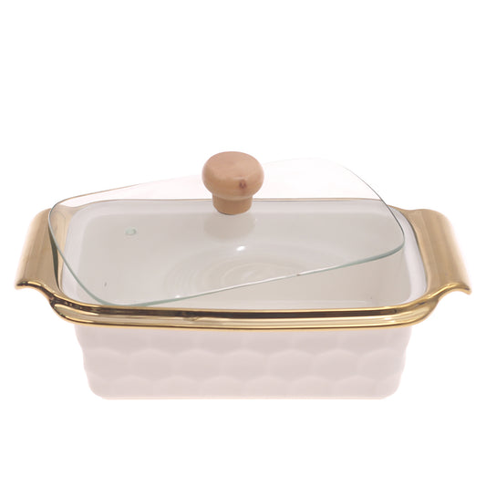 Serving Dish with Glass Lid – Gold Rim Design (4077)