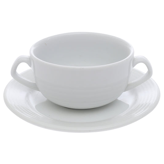 Porcelain Soup Cup with Saucer – Essence White Ribbed Design, Durable & Elegant Tableware