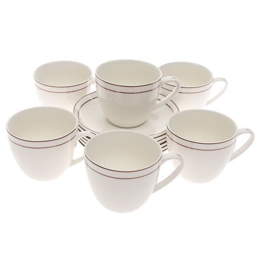 12-Piece Porcelain Cup & Saucer Set – Curved Elegance with Double-Line Rim (Set 146)