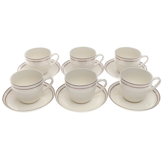 12-Piece Porcelain Cup & Saucer Set – Curved Elegance with Double-Line Rim (Set 146)