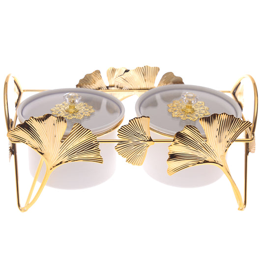 Luxury 2-Bowl Dry Fruit Dish Set with Golden Leaf Metal Stand | Elegant Decorative Serving Set (Model 16-3)