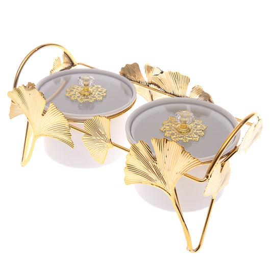 Luxury 2-Bowl Dry Fruit Dish Set with Golden Leaf Metal Stand | Elegant Decorative Serving Set (Model 16-3)