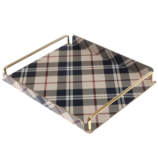 Luxury Large Leather Tray – Checkered Pattern with Gold Frame | Elegant Serving & Organizer Tray (Model 6-1)