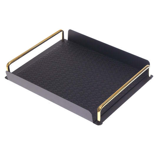 Luxury Small Leather Tray – Black Textured Finish with Gold Handles | Elegant Serving & Organizer Tray (Model 6-2