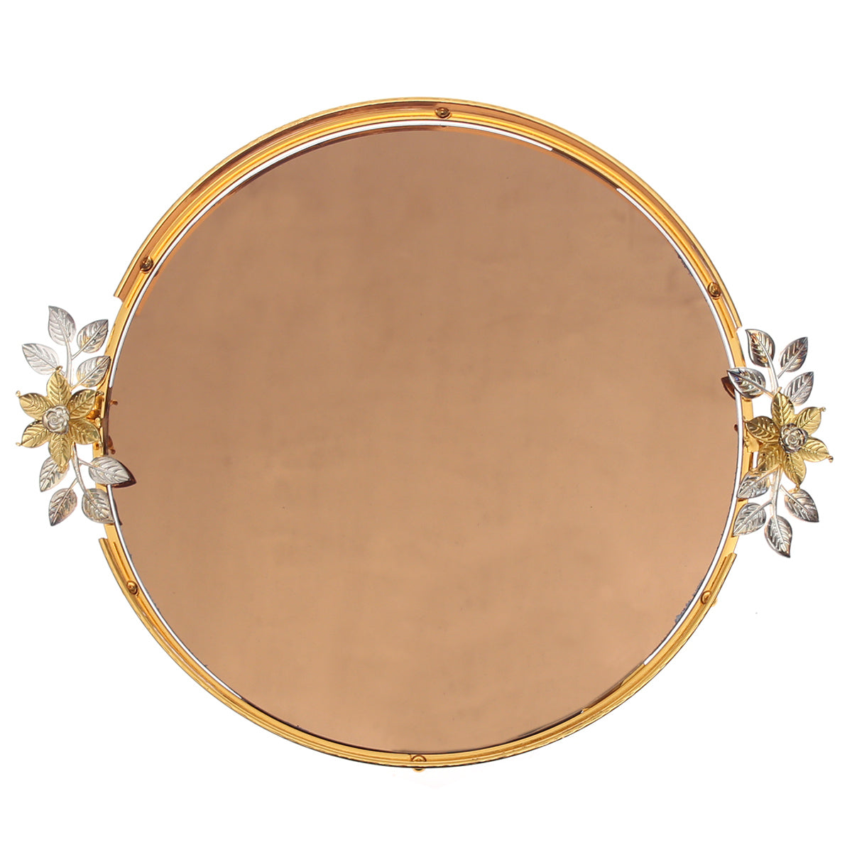Luxurious Round Floral Accent Vanity Dish / Catchall Tray – Gold & Silver Metal Detailing