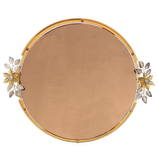 Luxurious Round Floral Accent Vanity Dish / Catchall Tray – Gold & Silver Metal Detailing