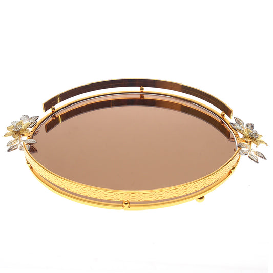 Luxurious Round Floral Accent Vanity Dish / Catchall Tray – Gold & Silver Metal Detailing