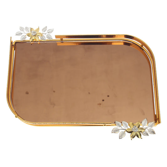 Elegant Rectangular Floral Accent Vanity Dish / Decorative Catchall Tray – Gold & Silver Details