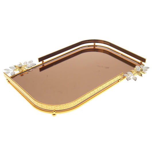 Elegant Rectangular Floral Accent Vanity Dish / Decorative Catchall Tray – Gold & Silver Details