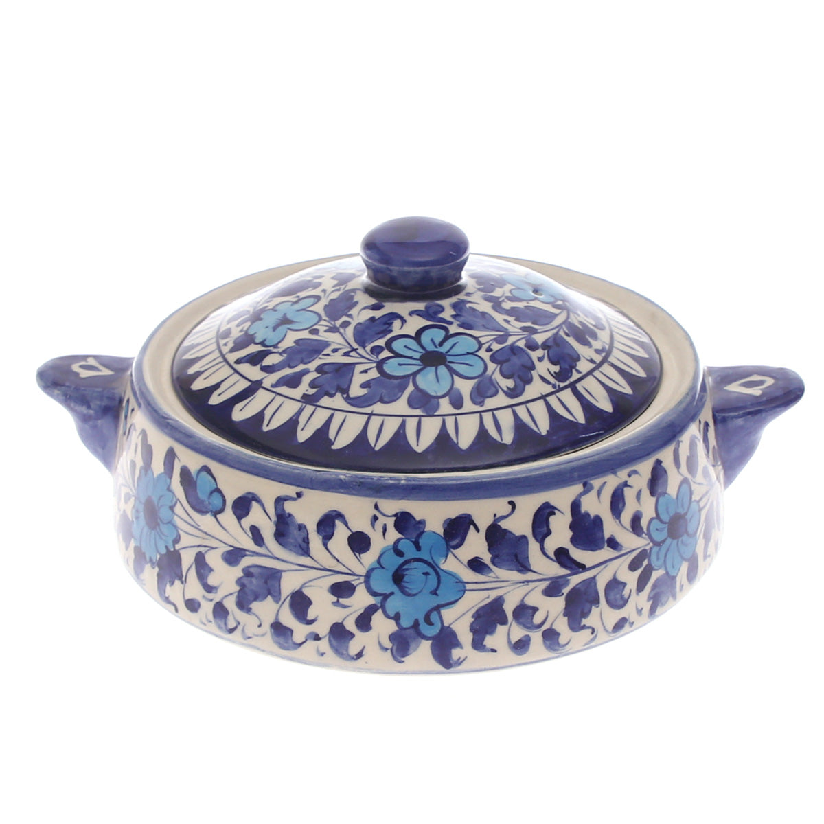 Blue Pottery Handle Handi with Lid – Medium Size Handcrafted Ceramic Serving Bowl (Multi-Design) - Habitt