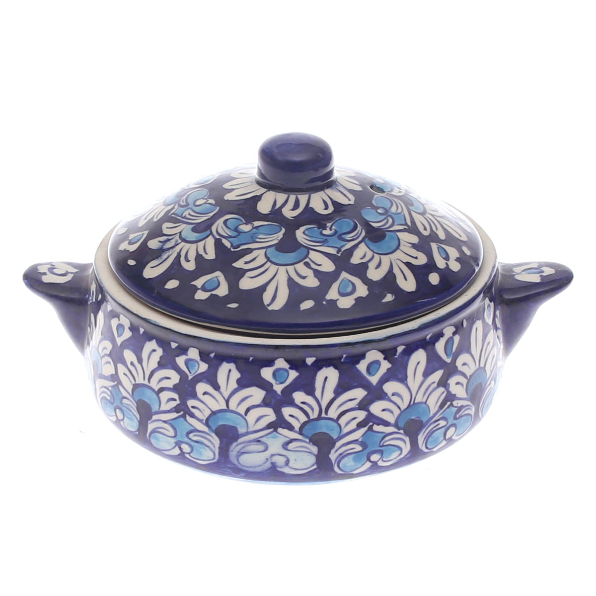 Blue Pottery Handle Handi with Lid – Small Size Handcrafted Ceramic Serving Bowl (Multi-Design) - Habitt