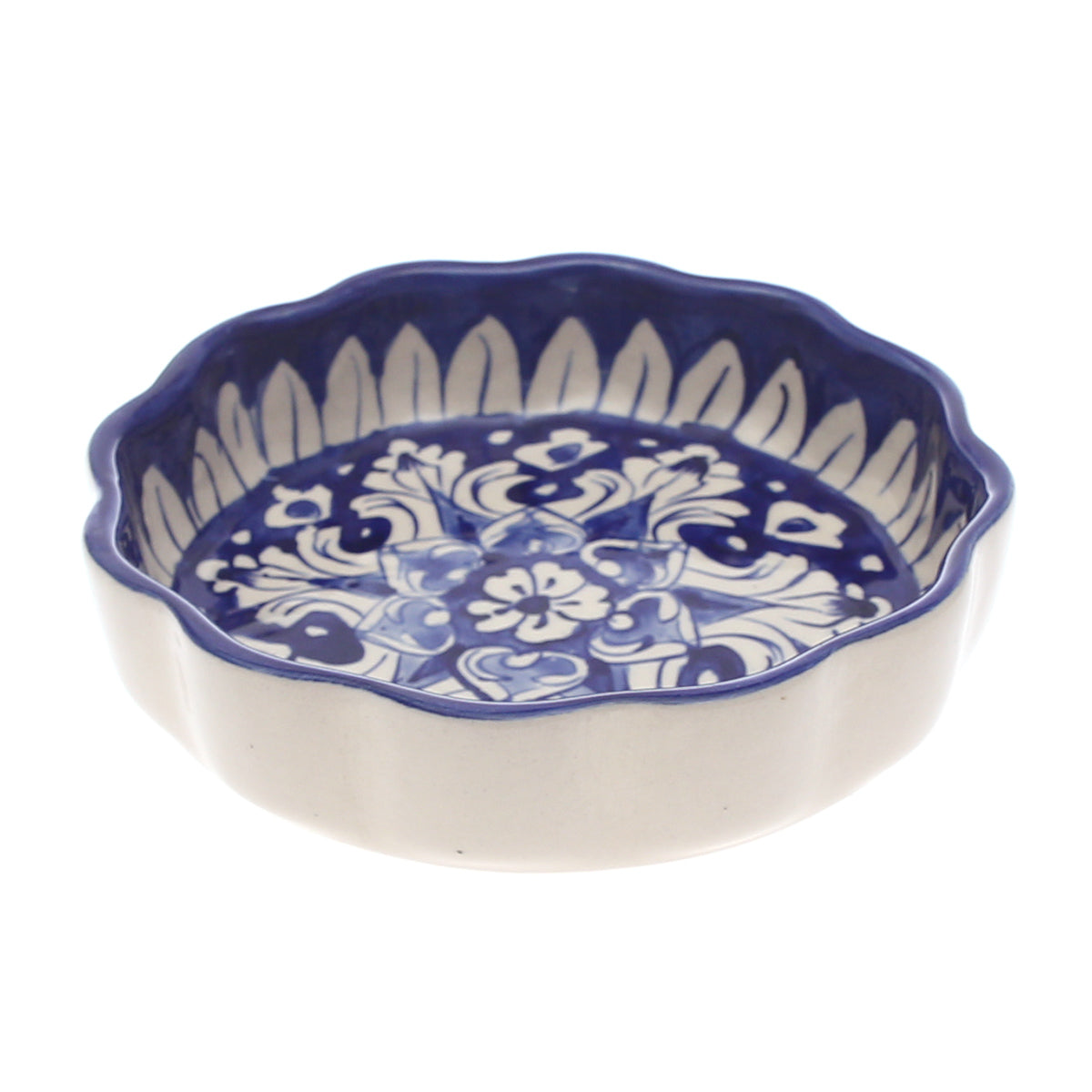 Blue Pottery Round Wavy Dish – Small Handcrafted Ceramic Serving Bowl (7773EE Design) - Habitt
