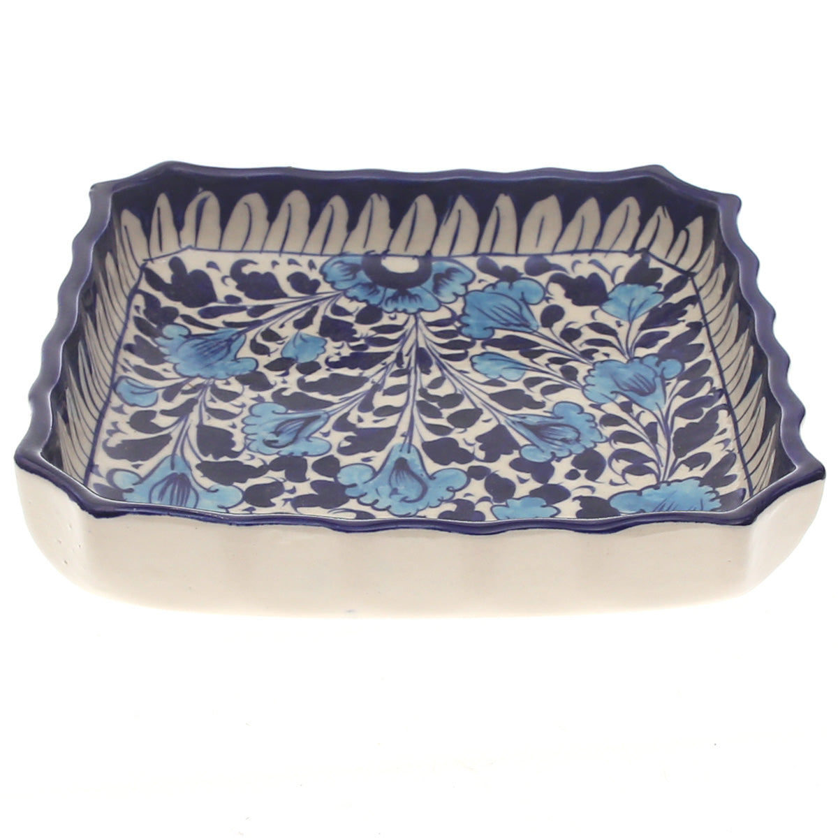 Handcrafted Blue Pottery Square Deep Platter – Medium Multi-Color Floral Serving Dish - Habitt