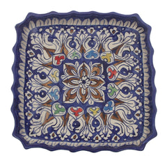 Handcrafted Blue Pottery Square Deep Platter – Large Multi-Color Floral Serving Dish