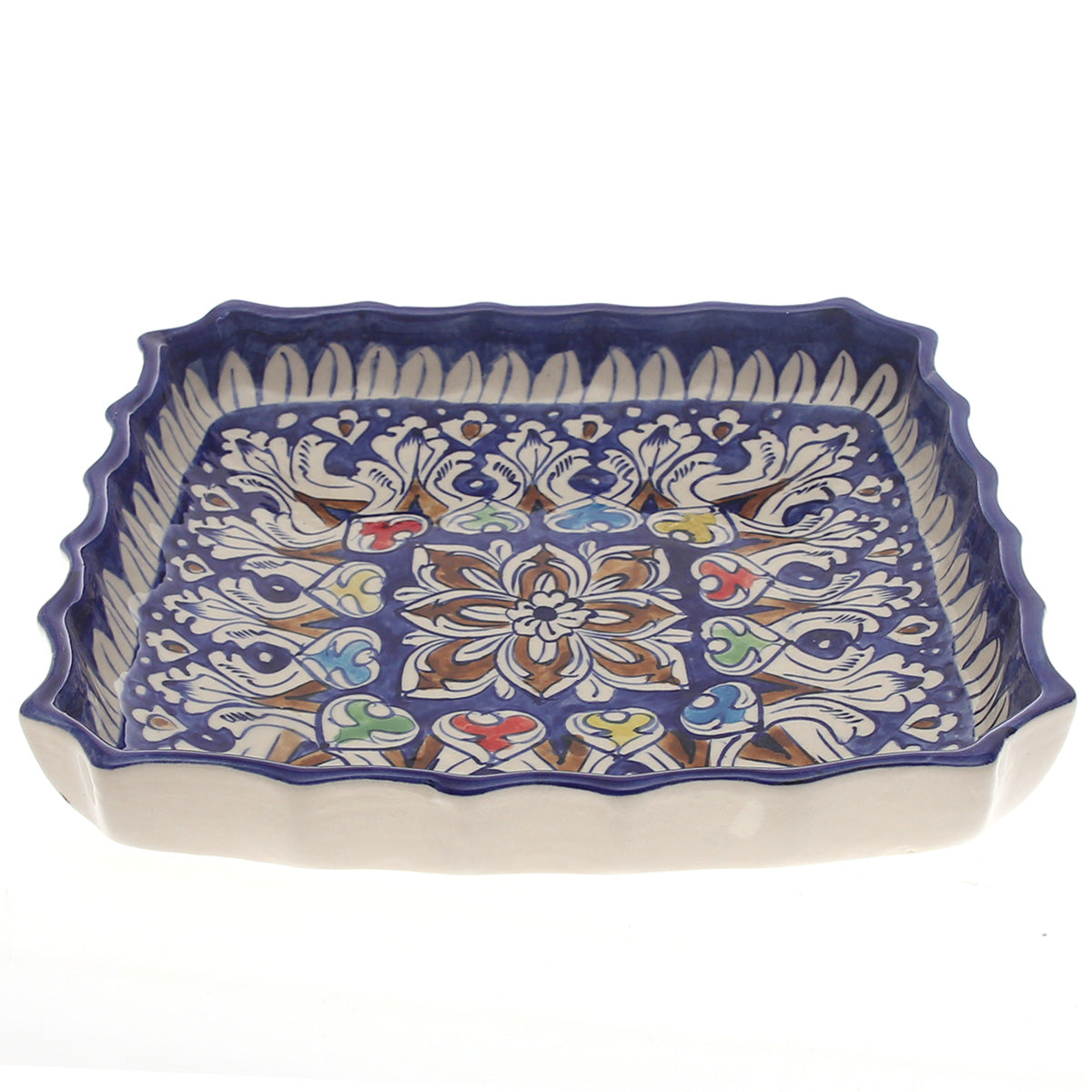 Handcrafted Blue Pottery Square Deep Platter – Large Multi-Color Floral Serving Dish