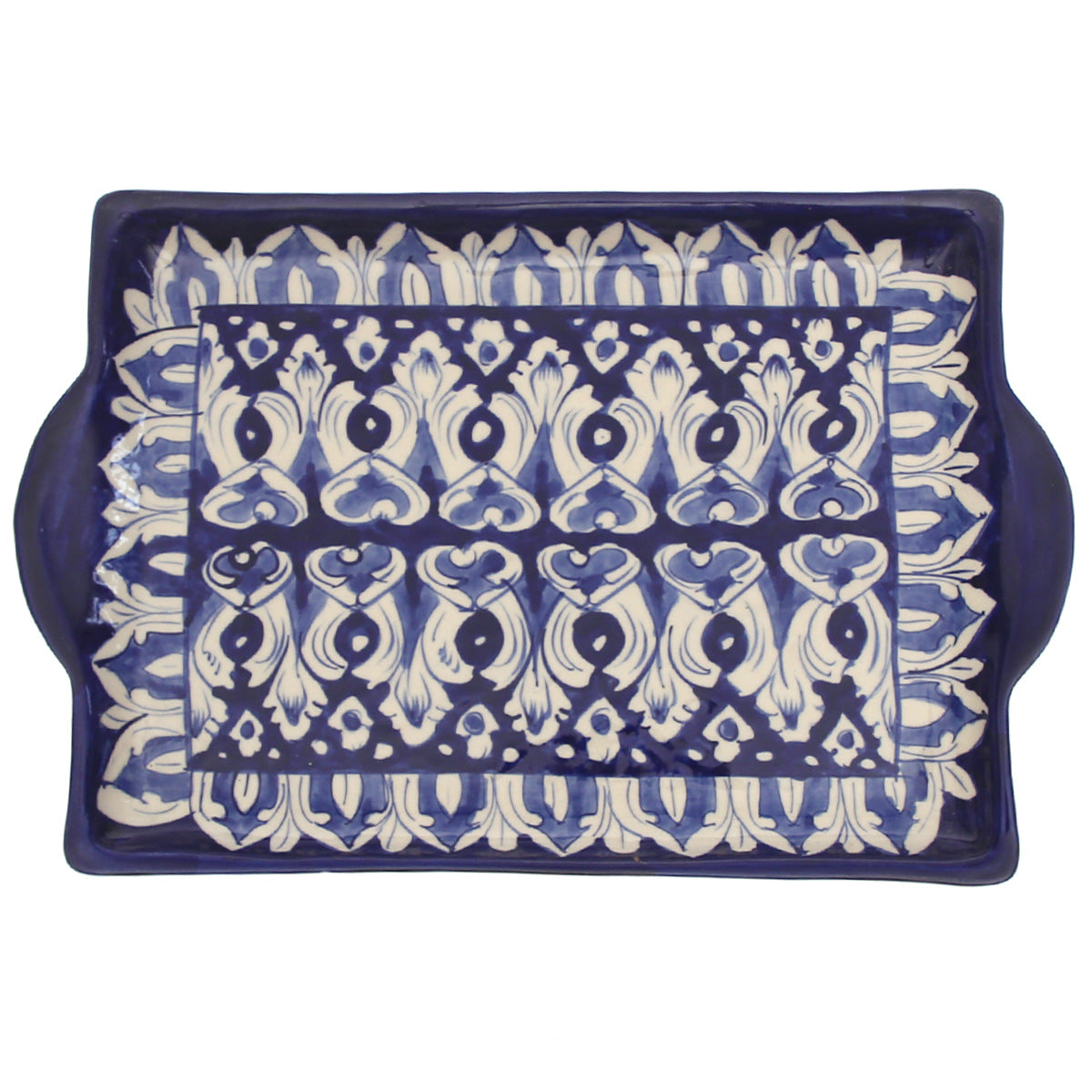 Handcrafted Blue Pottery Square Flat Platter – Multi-Color Floral Serving Tray