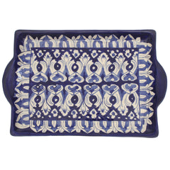 Handcrafted Blue Pottery Square Flat Platter – Multi-Color Floral Serving Tray
