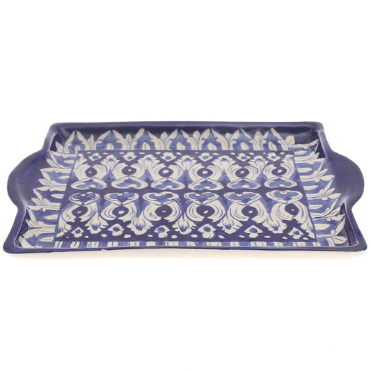 Handcrafted Blue Pottery Square Flat Platter – Multi-Color Floral Serving Tray