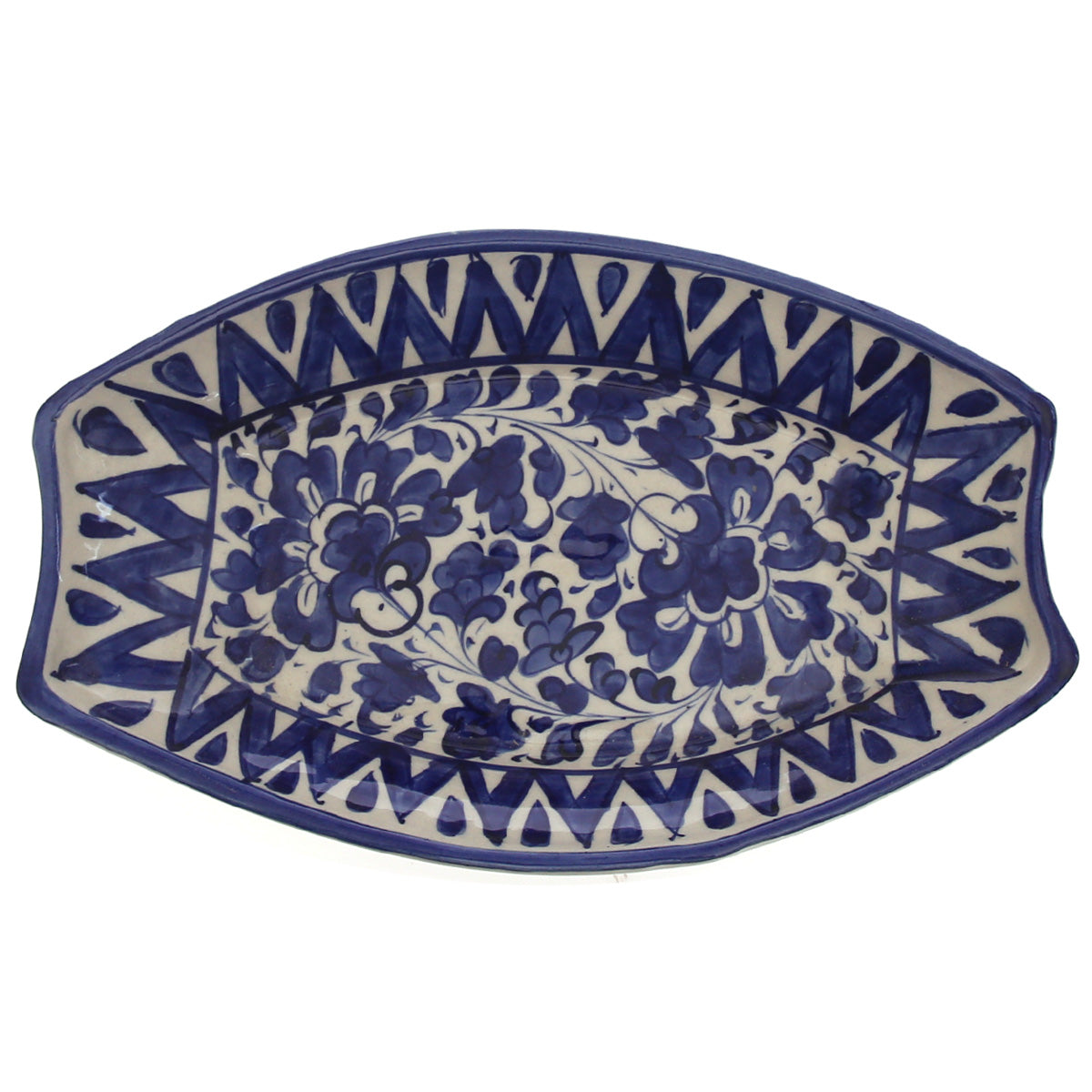 Handcrafted Blue Pottery V-Shaped Oval Platter – Floral Serving Dish