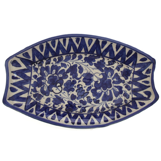 Handcrafted Blue Pottery V-Shaped Oval Platter – Floral Serving Dish