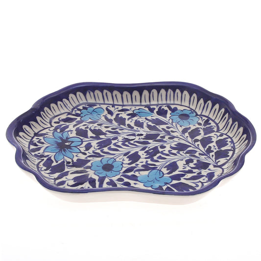 Handcrafted Blue Pottery Wavy Oval Platter – Floral Decorative Serving Dish