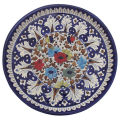 Handcrafted Blue Pottery Round Platter – Large Multi-Color Floral Serving Dish