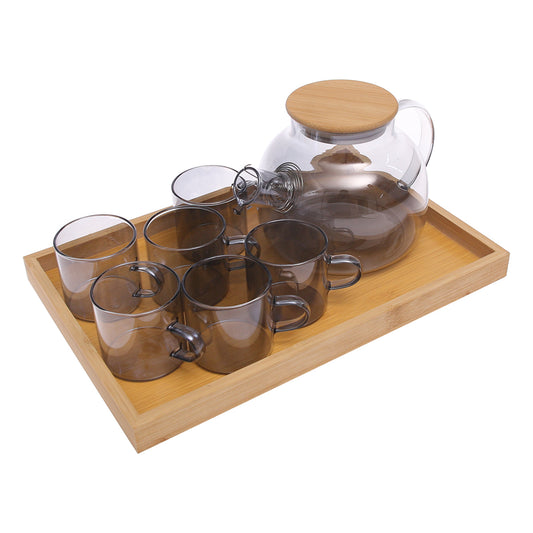 Smoke Glass Tea Set with Bamboo Lid &amp; Tray – GPH20 / L8HS
