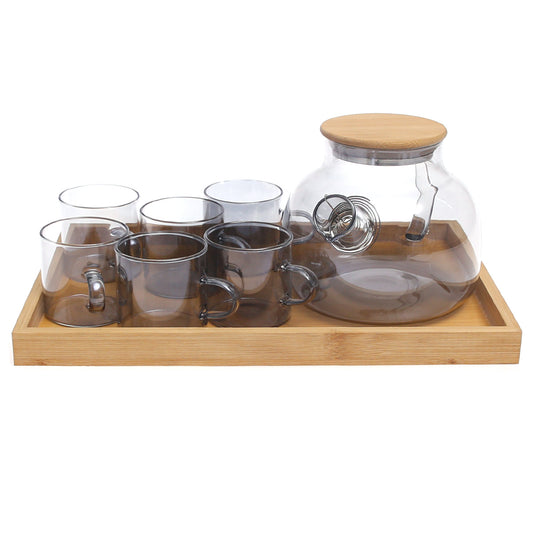 Smoke Glass Tea Set with Bamboo Lid &amp; Tray – GPH20 / L8HS