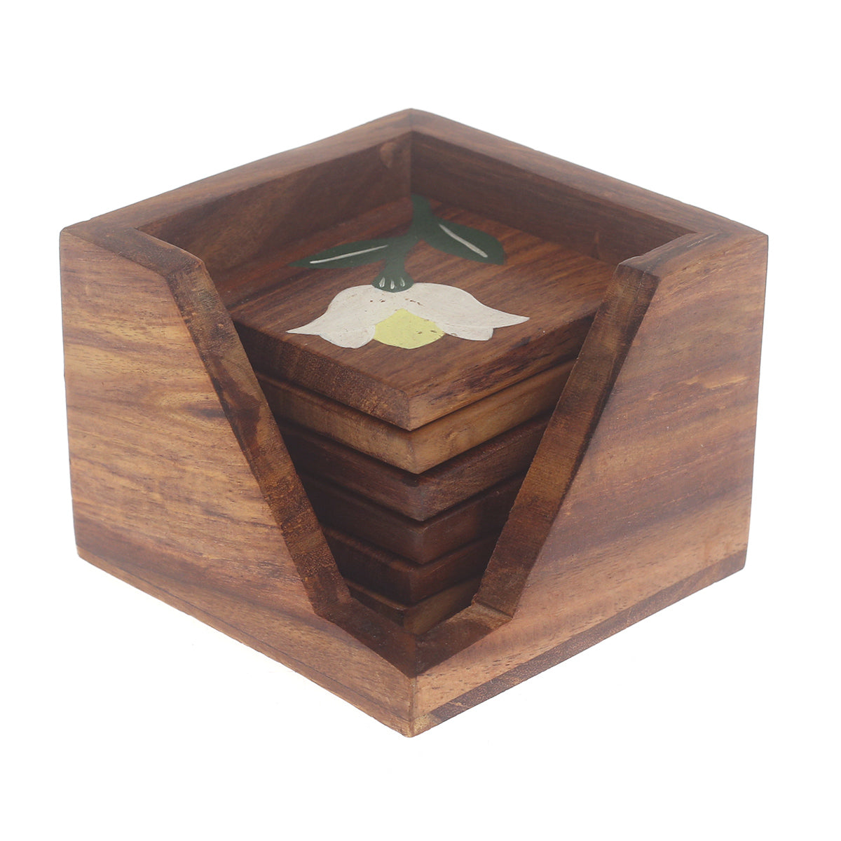Painted Grain Naqshi Art Coasters – Handcrafted Wooden Coasters with White Flower & Green Leaf (Set of 6)