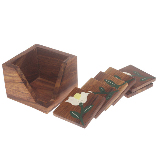 Painted Grain Naqshi Art Coasters – Handcrafted Wooden Coasters with White Flower & Green Leaf (Set of 6)