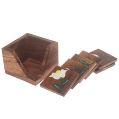 Painted Grain Naqshi Art Coasters – Handcrafted Wooden Coasters with White Flower & Green Leaf (Set of 6)