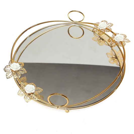Golden Iron & Glass Decorative Round Tray with White Flowers – J2315-2M