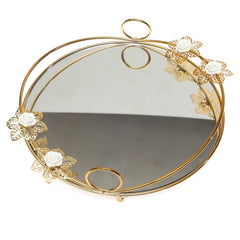 Golden Iron & Glass Decorative Round Tray with White Flowers – J2315-2M