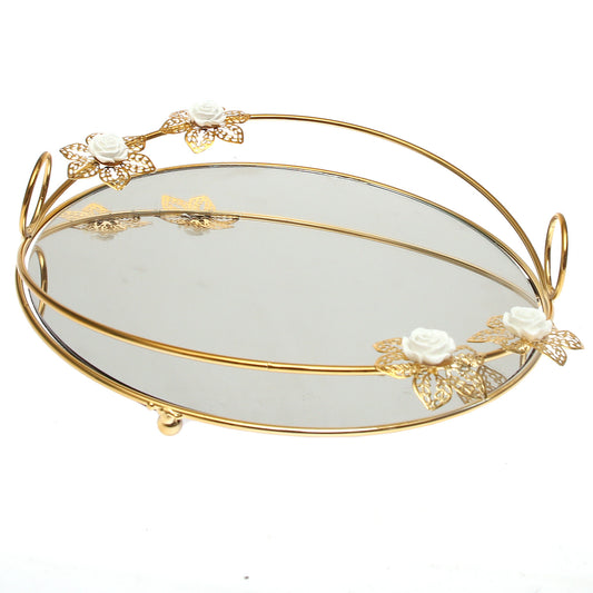 Golden Iron & Glass Decorative Round Tray with White Flowers – J2315-2M