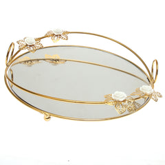 Golden Iron & Glass Decorative Round Tray with White Flowers – J2315-2M