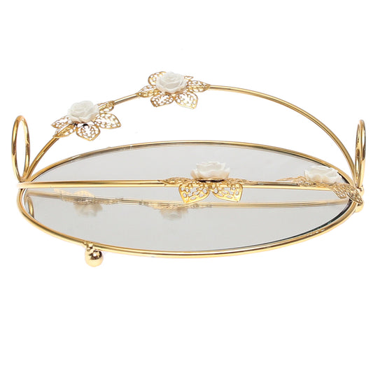 Golden Iron & Glass Decorative Round Tray with White Flowers – J2315-3S